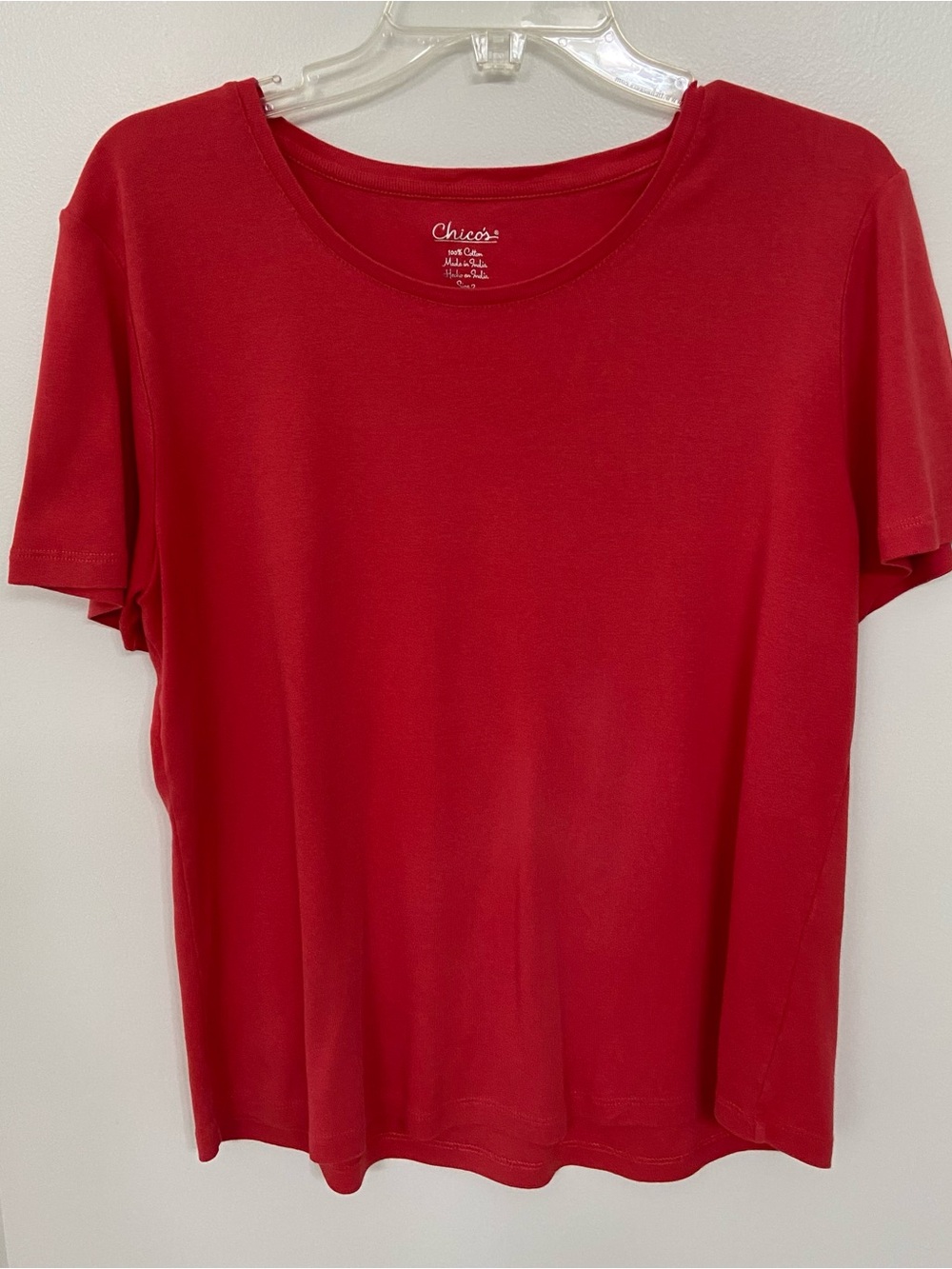 Chico’s Size 2 Red 100% Cotton Short Sleeve Knit Tee Top Classic Basic Large L